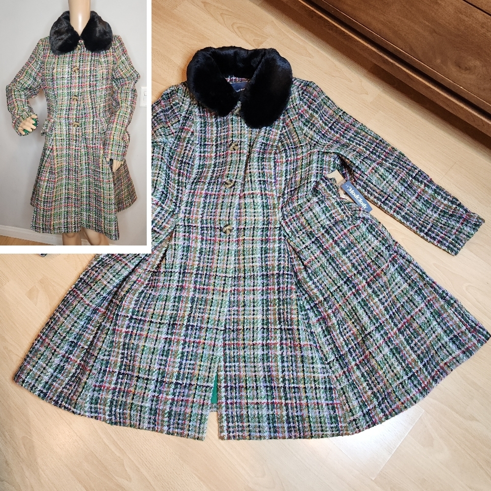 NWT Modcloth Multi Colored Tweed Flare Coat Removable Faux Fur Collar Size 1X